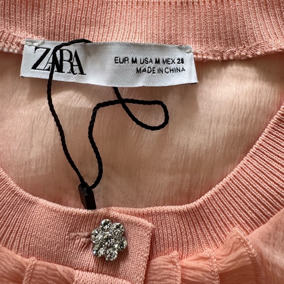 ZARA Sheer Blush Blouse | Crystal Flower Buttons Knit Waist /Romantic - Picture 2 of 10